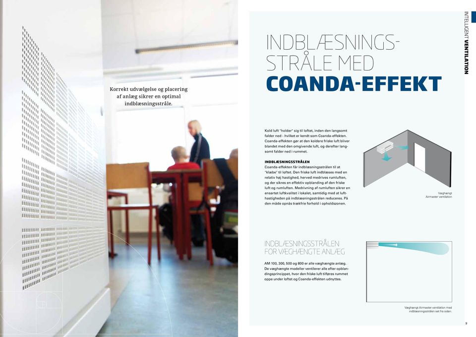 Coanda-effekten gør at den koldere friske luft bliver blandet med den omgivende luft, og derefter langsomt falder ned i rummet.