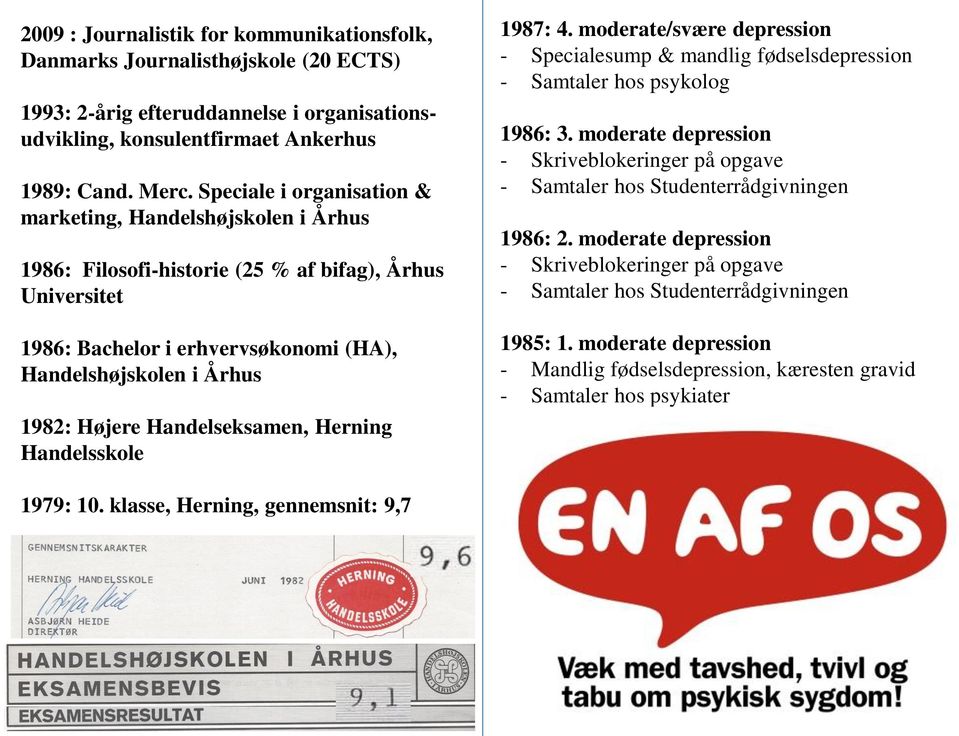 Handelseksamen, Herning Handelsskole 1987: 4. moderate/svære depression - Specialesump & mandlig fødselsdepression - Samtaler hos psykolog 1986: 3.