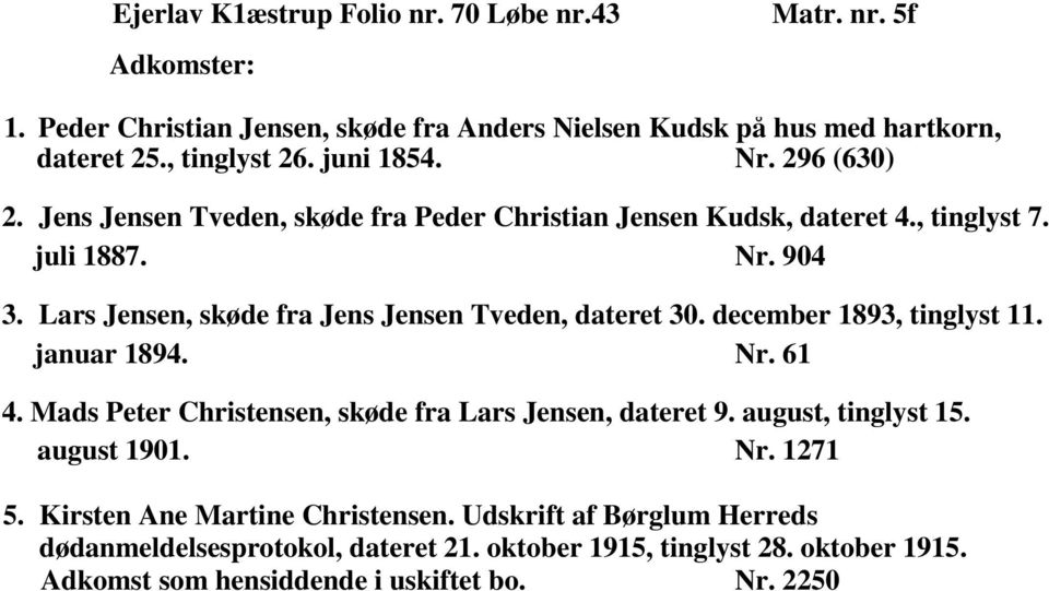 Lars Jensen, skøde fra Jens Jensen Tveden, dateret 30. december 1893, tinglyst 11. januar 1894. Nr. 61 4. Mads Peter Christensen, skøde fra Lars Jensen, dateret 9.