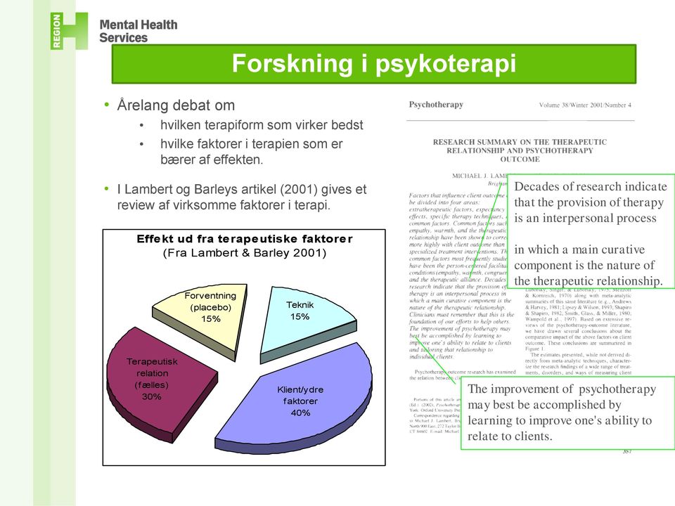 Effekt ud fra terapeutiske faktorer (Fra Lambert & Barley 2001) Forventning (placebo) 15% Teknik 15% Decades of research indicate that the provision of therapy is