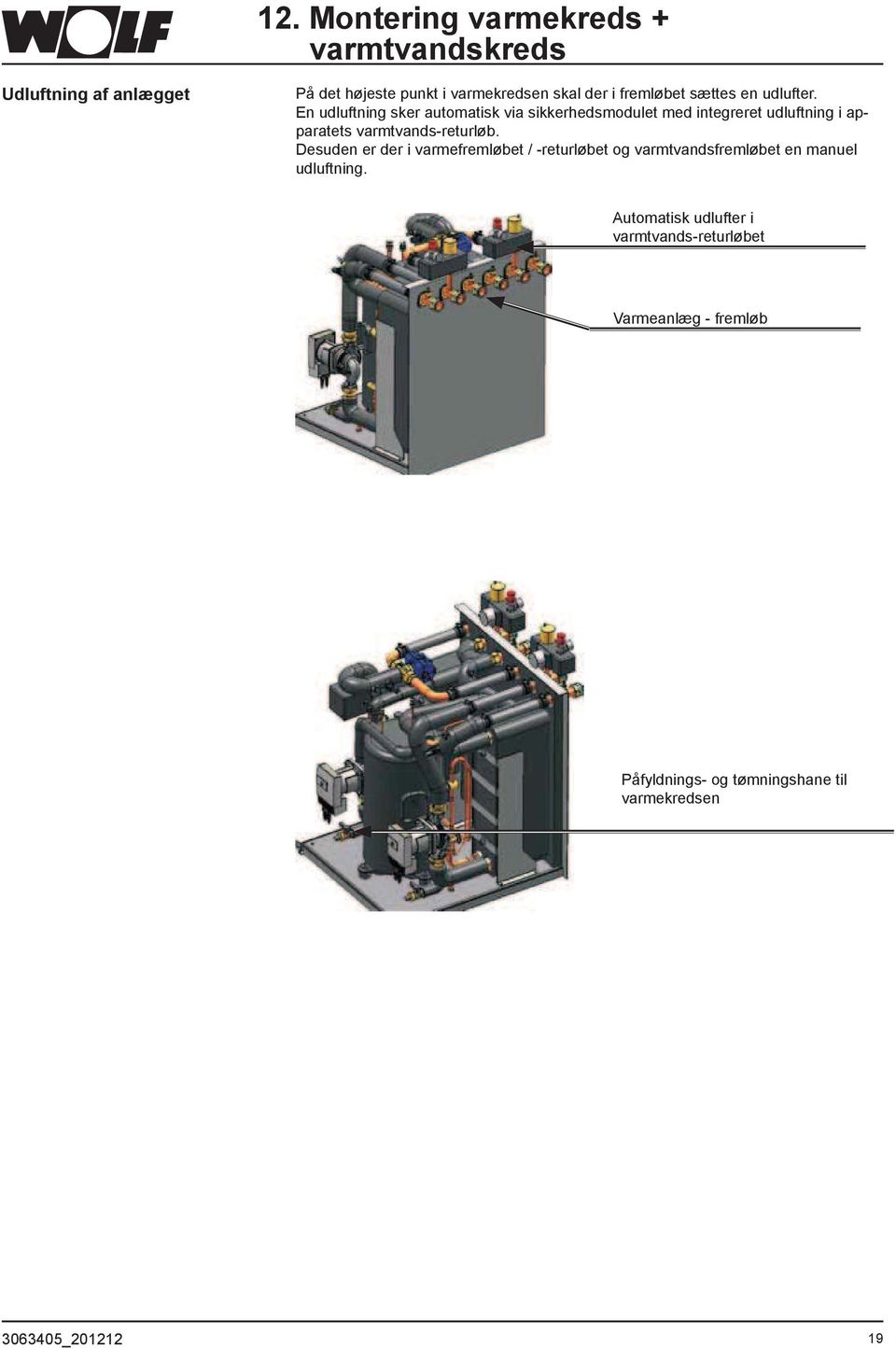 En udluftning sker automatisk via sikkerhedsmodulet med integreret udluftning i apparatets varmtvands-returløb.