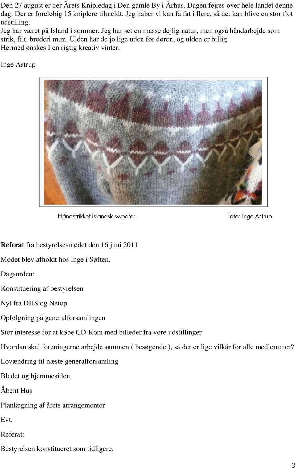 Hermed ønskes I en rigtig kreativ vinter. Inge Astrup Håndstrikket islandsk sweater. Foto: Inge Astrup Referat fra bestyrelsesmødet den 16.juni 2011 Mødet blev afholdt hos Inge i Søften.