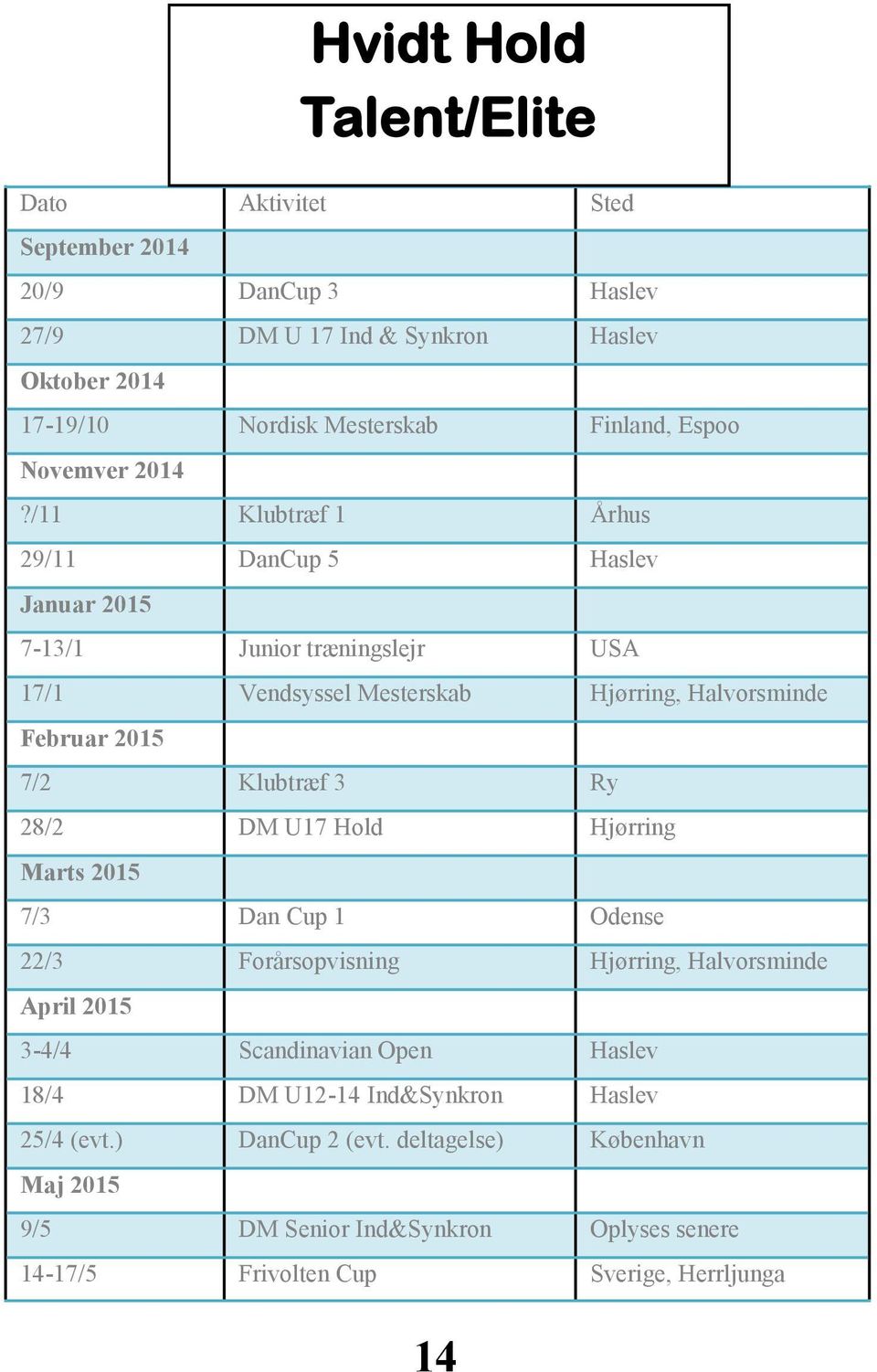 28/2 DM U17 Hold Hjørring Marts 2015 7/3 Dan Cup 1 Odense 22/3 Forårsopvisning Hjørring, Halvorsminde April 2015 3-4/4 Scandinavian Open Haslev 18/4 DM U12-14