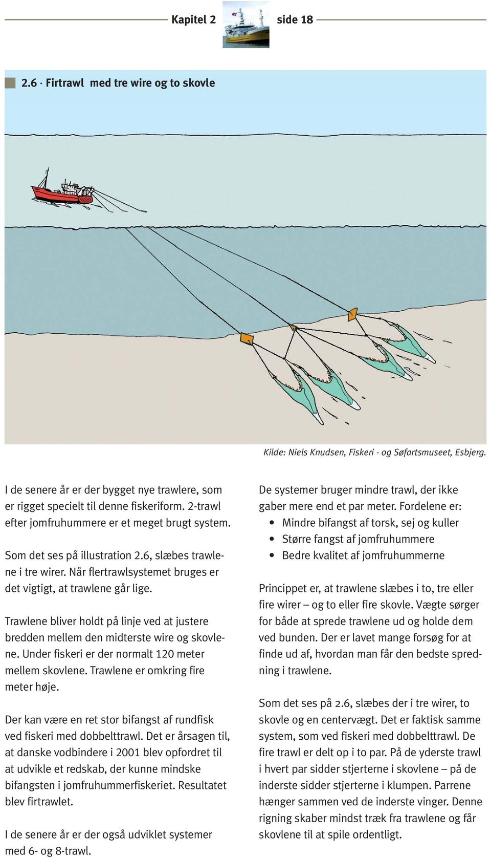 Trawlene bliver holdt på linje ved at justere bredden mellem den midterste wire og skovlene. Under fiskeri er der normalt 120 meter mellem skovlene. Trawlene er omkring fire meter høje.