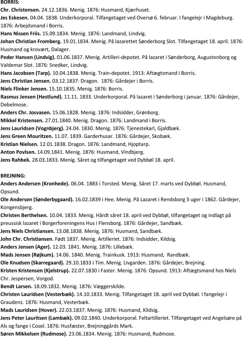 1876: Husmand og krovært, Dalager. Peder Hansen (Lindvig). 01.06.1837. Menig. Artilleri-depotet. På lazaret i Sønderborg, Augustenborg og Valdemar Slot. 1876: Snedker, Lindvig. Hans Jacobsen (Tarp).