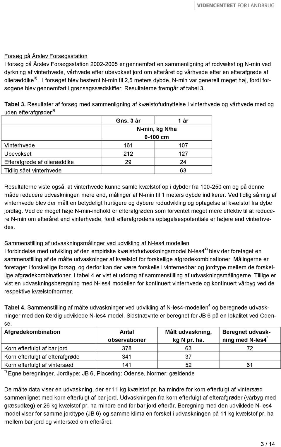 Resultaterne fremgår af tabel 3. Tabel 3. Resultater af forsøg med sammenligning af kvælstofudnyttelse i vinterhvede og vårhvede med og uden efterafgrøder 3) Gns.