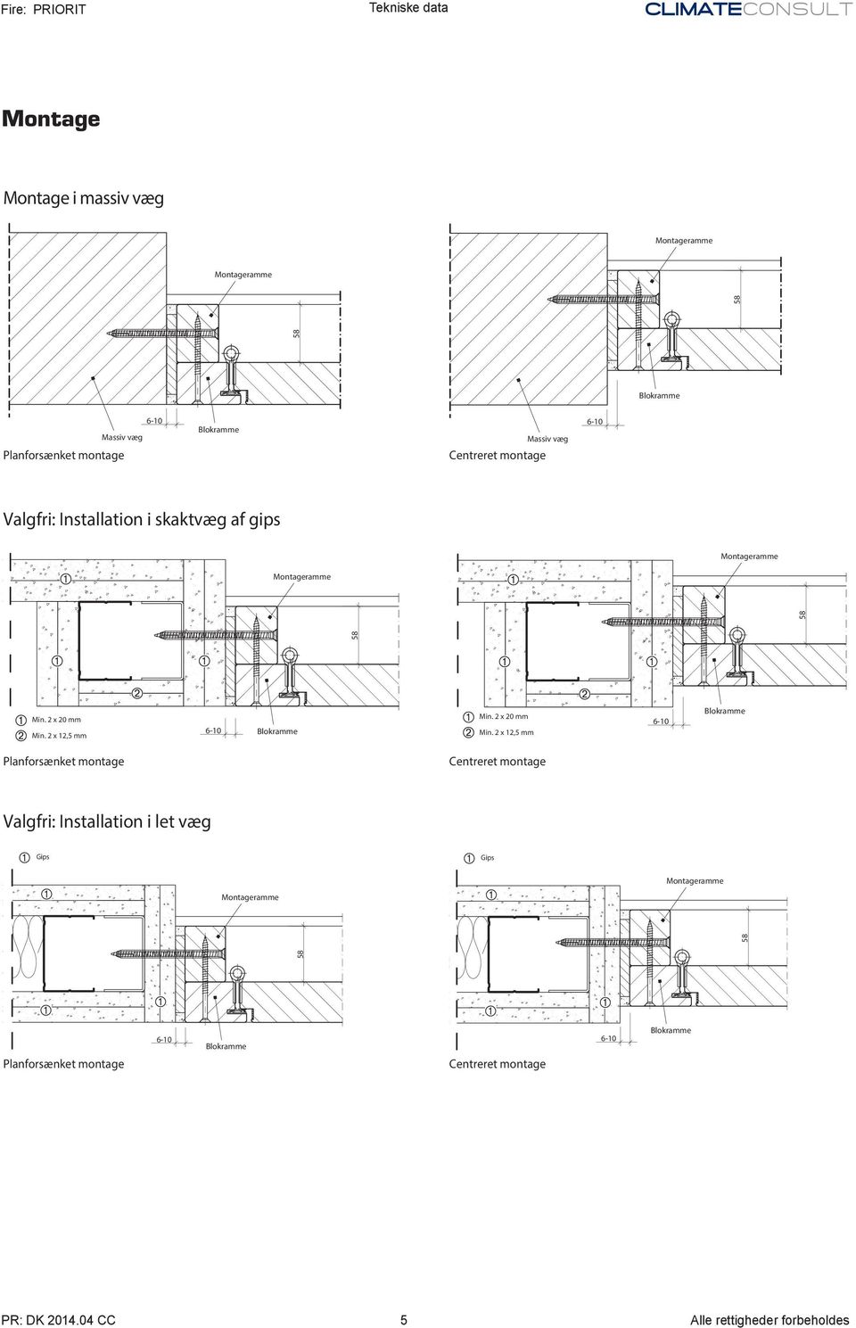 2 x 12,5 mm Planforsænket montage Centreret montage Valgfri: Installation i let væg