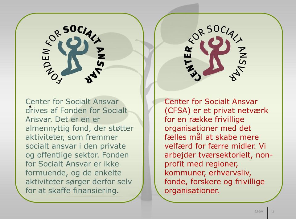 Fonden for Socialt Ansvar er ikke formuende, og de enkelte aktiviteter sørger derfor selv for at skaffe finansiering.