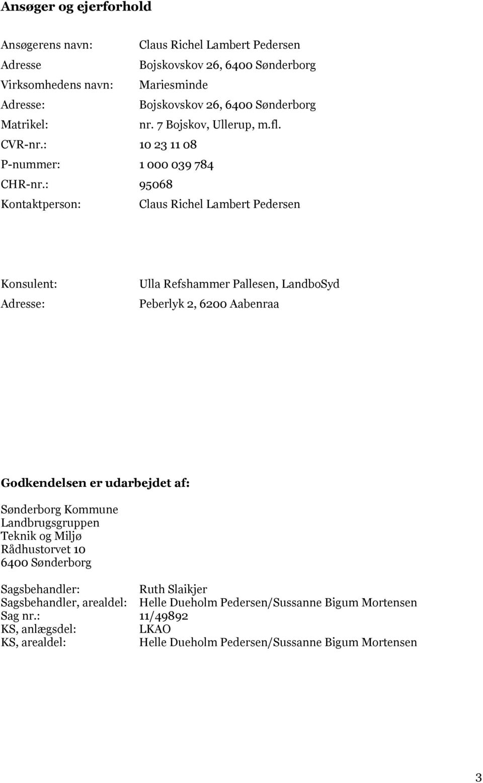 : 95068 Kontaktperson: Claus Richel Lambert Pedersen Konsulent: Adresse: Ulla Refshammer Pallesen, LandboSyd Peberlyk 2, 6200 Aabenraa Godkendelsen er udarbejdet af: Sønderborg