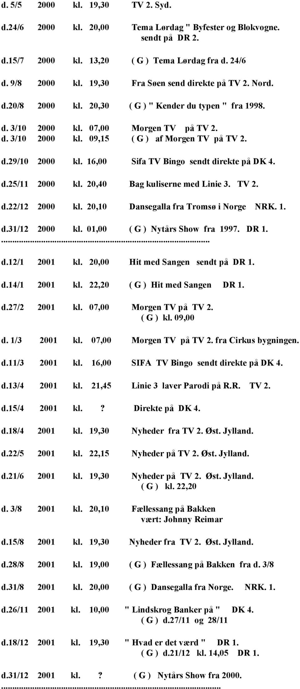 16,00 Sifa TV Bingo sendt direkte på DK 4. d.25/11 2000 kl. 20,40 Bag kuliserne med Linie 3. TV 2. d.22/12 2000 kl. 20,10 Dansegalla fra Tromsø i Norge NRK. 1. d.31/12 2000 kl.