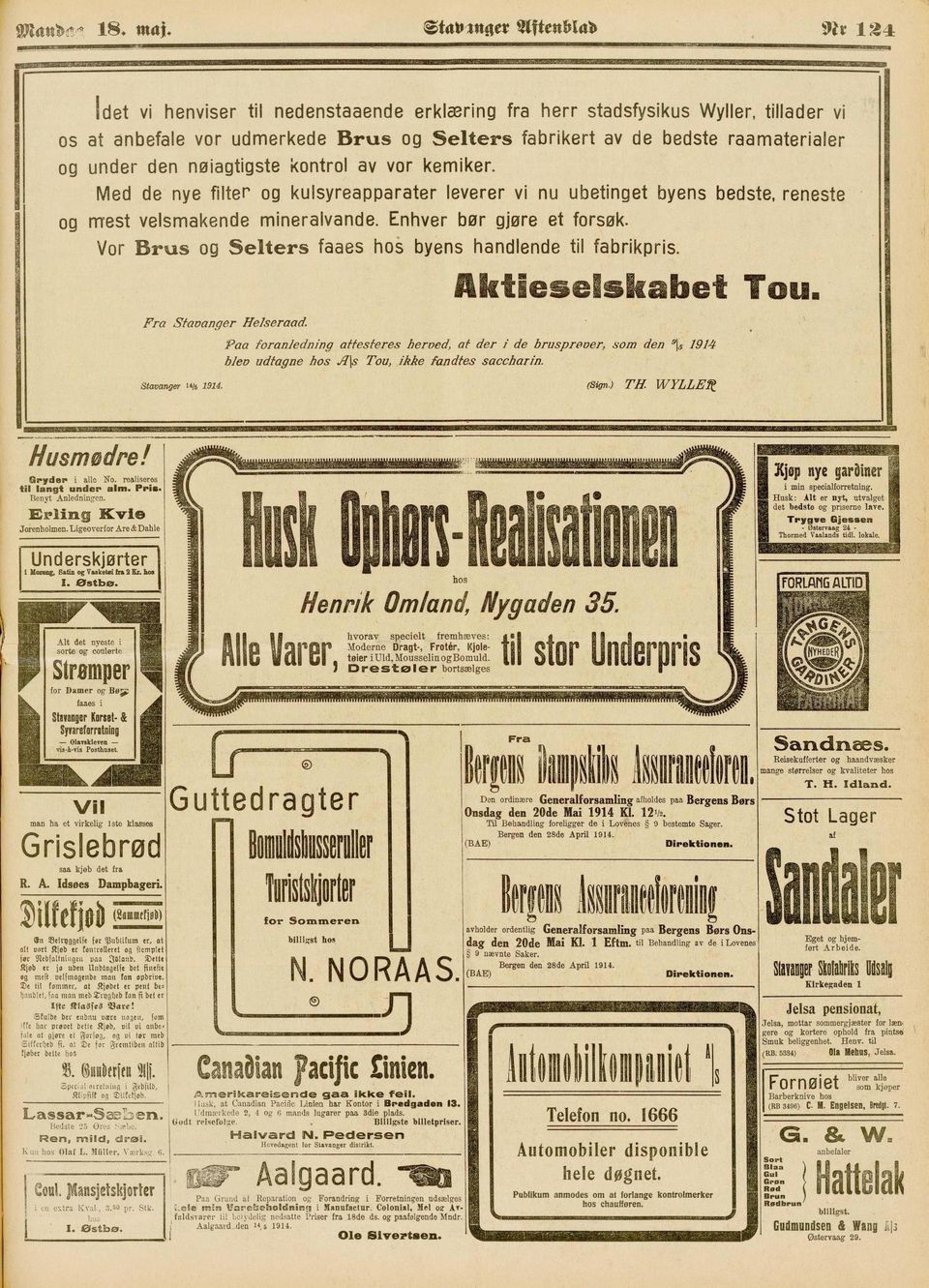 Vor Brus og Fra Staoanger Helseraad. Stavanger 14tø 1914. Selters faaes byens handlende til fabrikpris. MSftieseSskabet Ton.