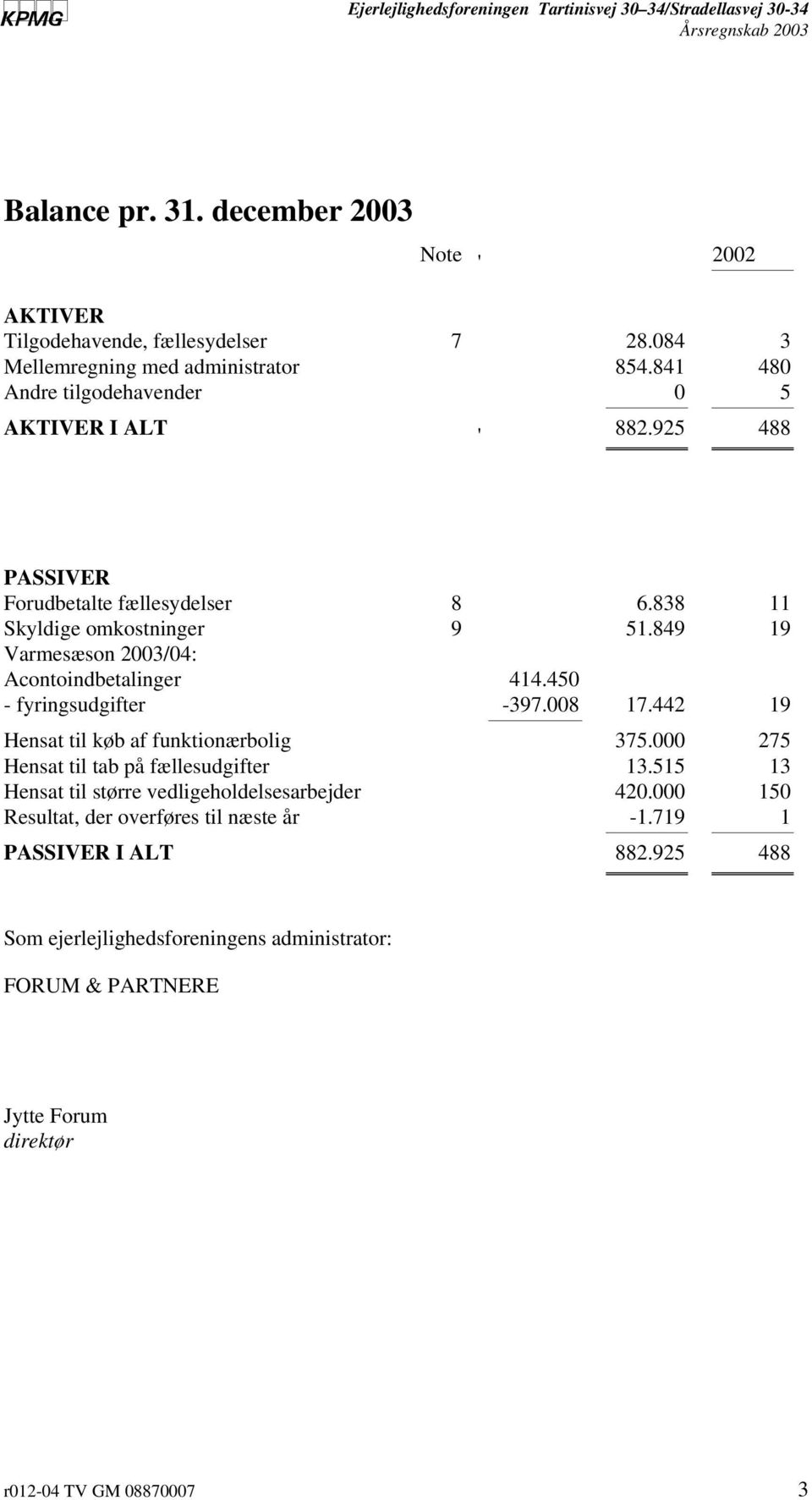849 19 Varmesæson 2003/04: Acontoindbetalinger 414.450 - fyringsudgifter -397.008 17.442 19 Hensat til køb af funktionærbolig 375.