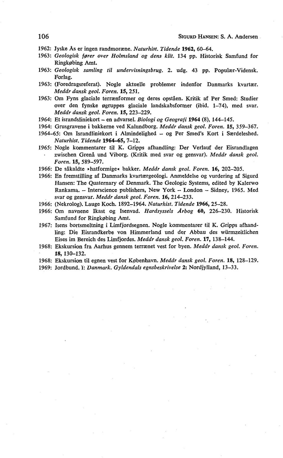 1963: Om Fyns glaciale terrænformer og deres opståen. Kritik af Per Smed: Studier over den fynske øgruppes glaciale landskabsformer (ibid. 1-74), med svar. Meddr dansk geol. Foren. 15, 223-229.
