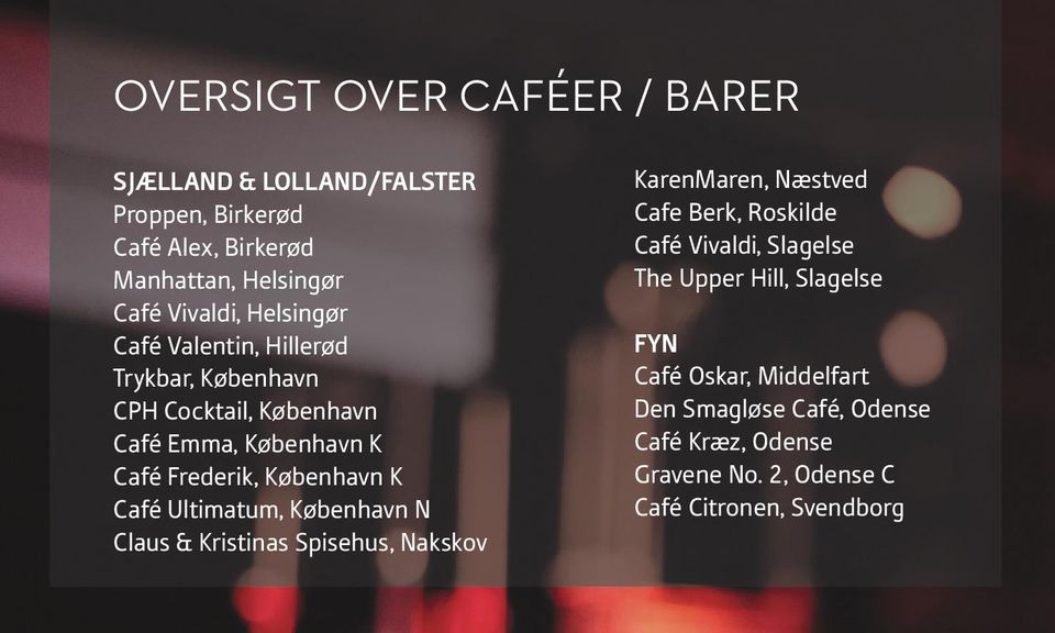Ultimatum, København N Claus & Kristinas Spisehus, Nakskov KarenMaren, Næstved Cafe Berk, Roskilde Café Vivaldi, Slagelse The Upper