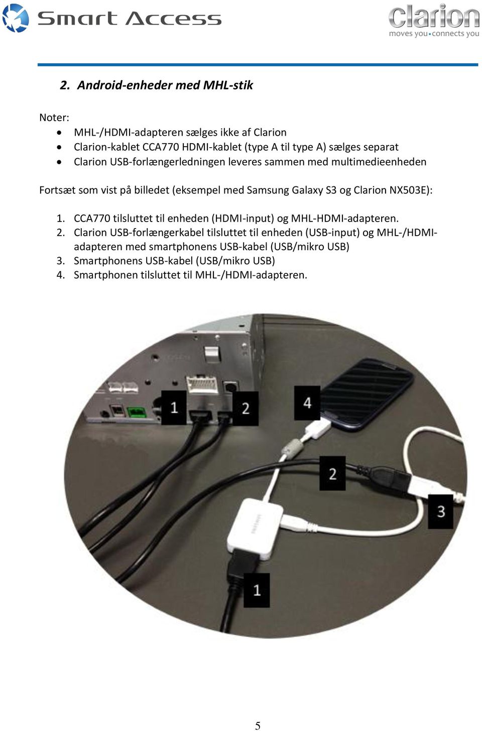 NX503E): 1. CCA770 tilsluttet til enheden (HDMI-input) og MHL-HDMI-adapteren. 2.