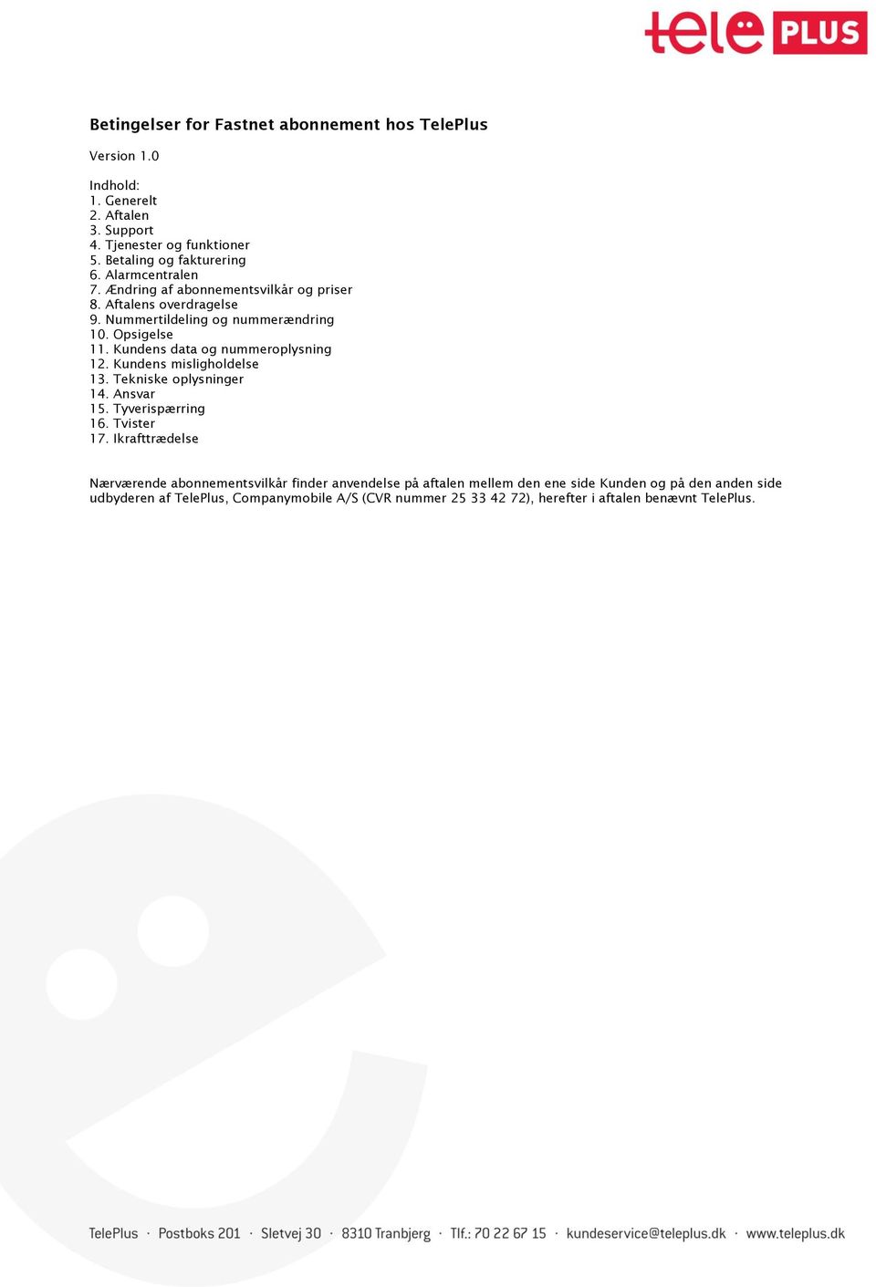 Betingelser for Fastnet abonnement hos TelePlus - PDF Gratis download