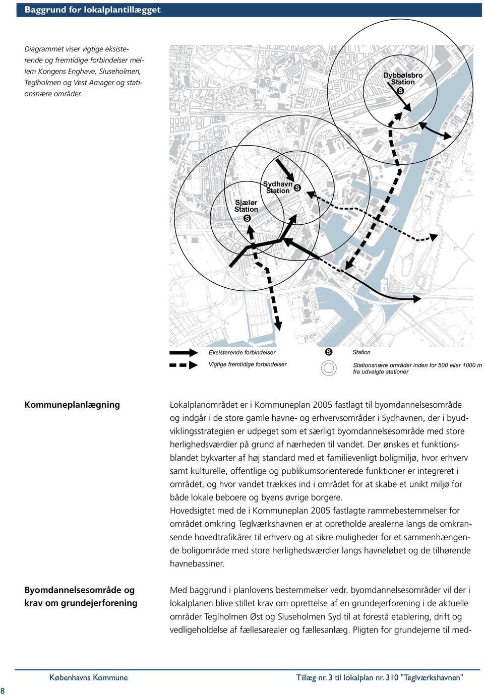 Kommuneplanlægning Lokalplanområdet er i Kommuneplan 2005 fastlagt til byomdannelsesområde og indgår i de store gamle havne- og erhvervsområder i Sydhavnen, der i byudviklingsstrategien er udpeget