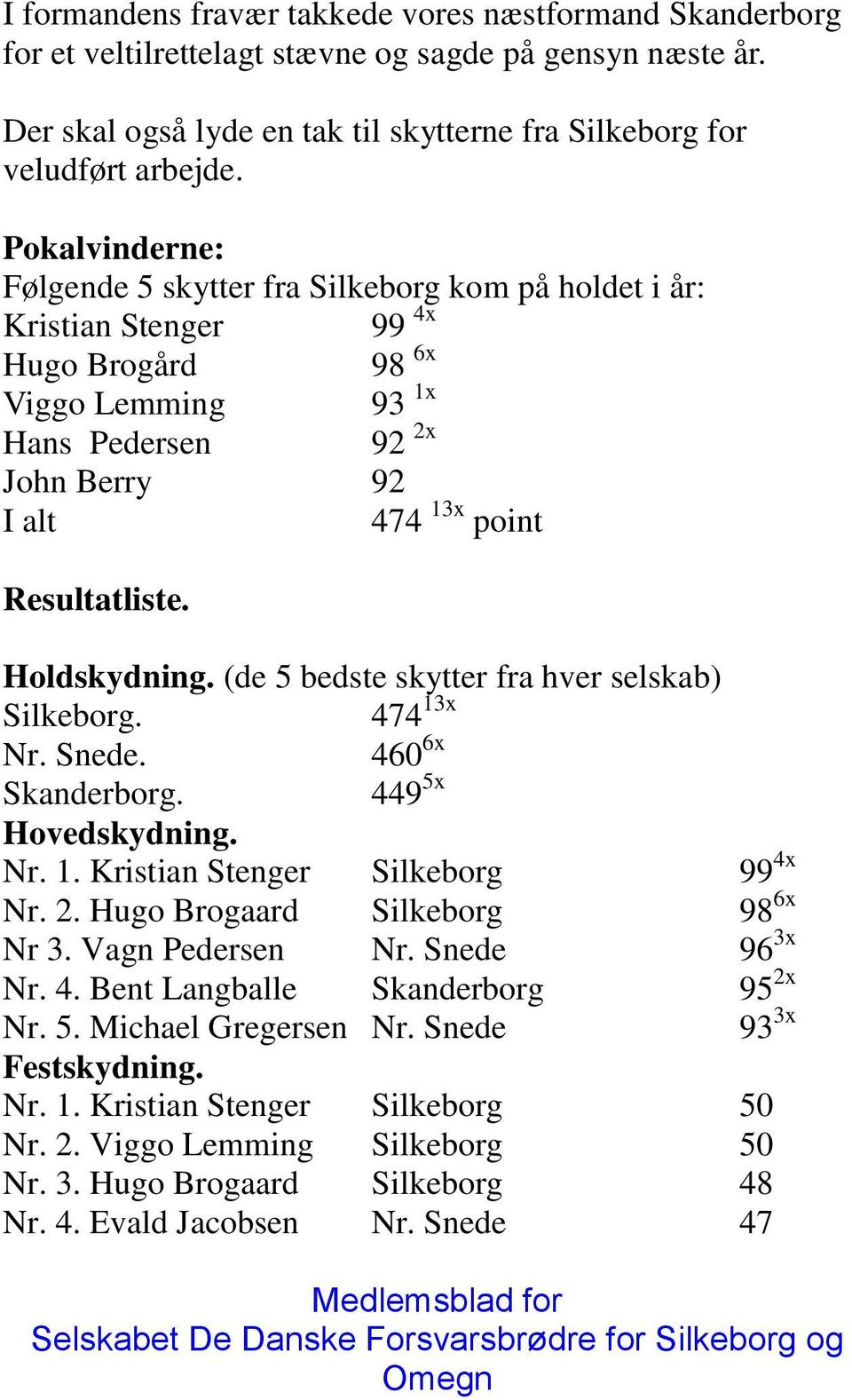 Holdskydning. (de 5 bedste skytter fra hver selskab) Silkeborg. 474 13x Nr. Snede. 460 6x Skanderborg. 449 5x Hovedskydning. Nr. 1. Kristian Stenger Silkeborg 99 4x Nr. 2.