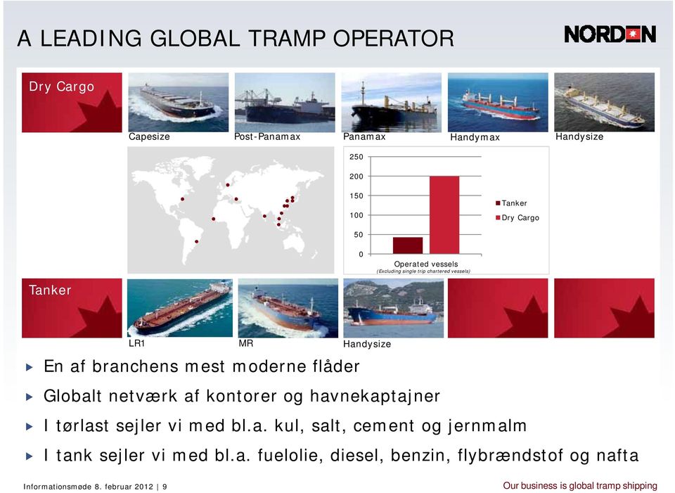 mest moderne flåder Globalt netværk af kontorer og havnekaptajner I tørlast sejler vi med bl.a. kul, salt, cement og jernmalm I tank sejler vi med bl.