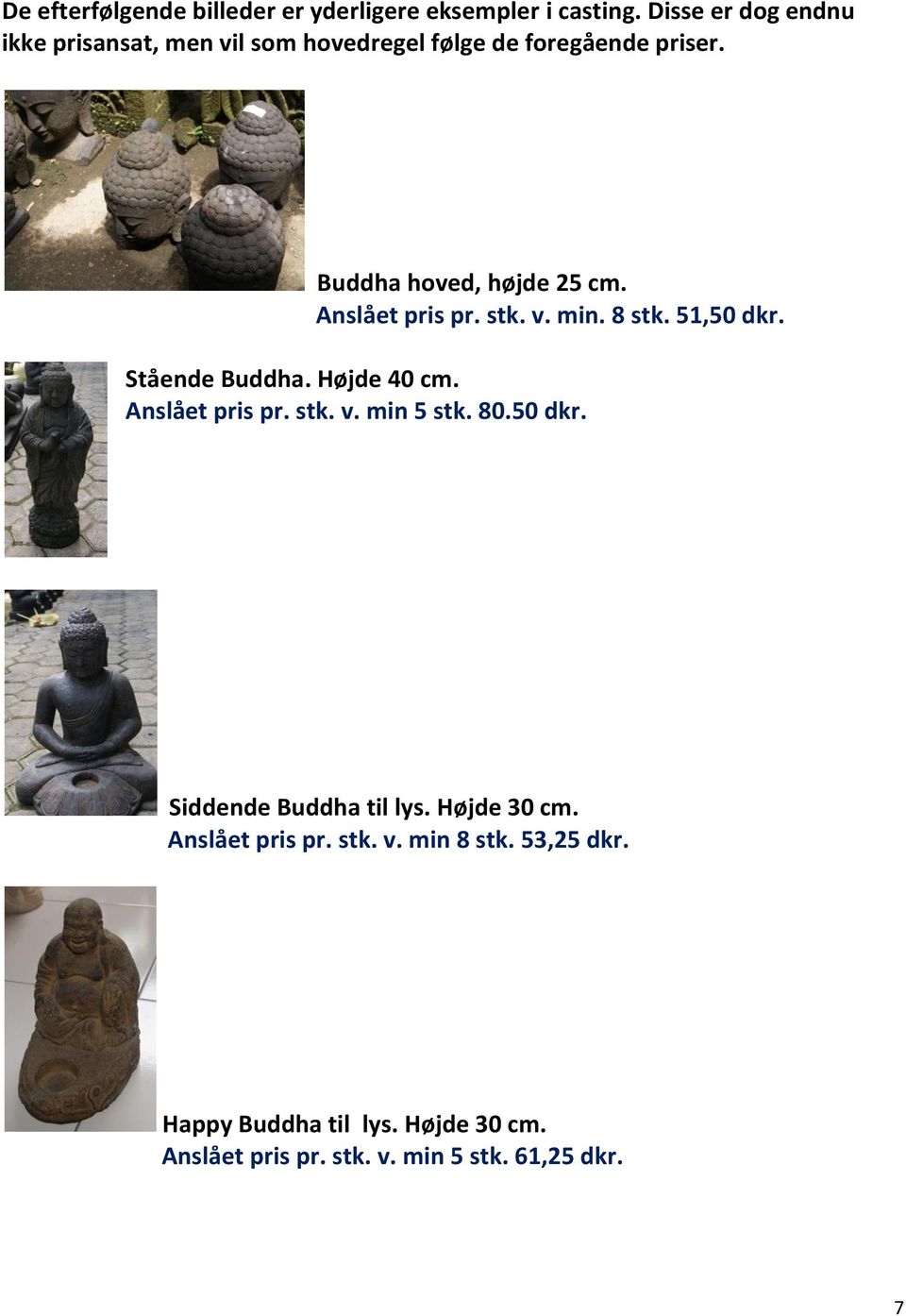Anslået pris pr. stk. v. min. 8 stk. 51,50 dkr. Stående Buddha. Højde 40 cm. Anslået pris pr. stk. v. min 5 stk. 80.