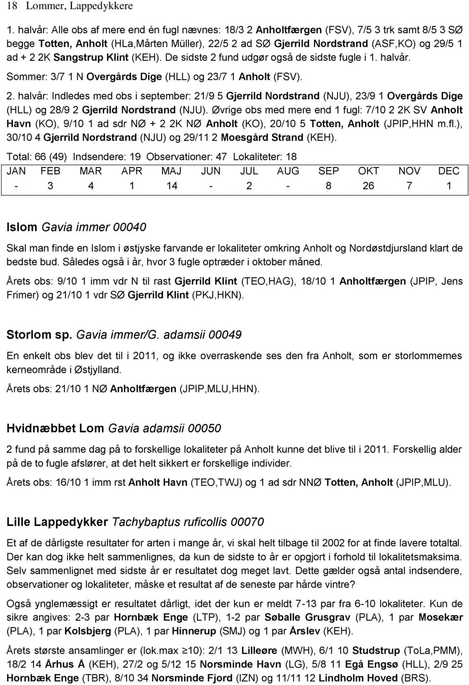 Sangstrup Klint (KEH). De sidste 2 fund udgør også de sidste fugle i 1. halvår. Sommer: 3/7 1 N Overgårds Dige (HLL) og 23/7 1 Anholt (FSV). 2. halvår: Indledes med obs i september: 21/9 5 Gjerrild Nordstrand (NJU), 23/9 1 Overgårds Dige (HLL) og 28/9 2 Gjerrild Nordstrand (NJU).