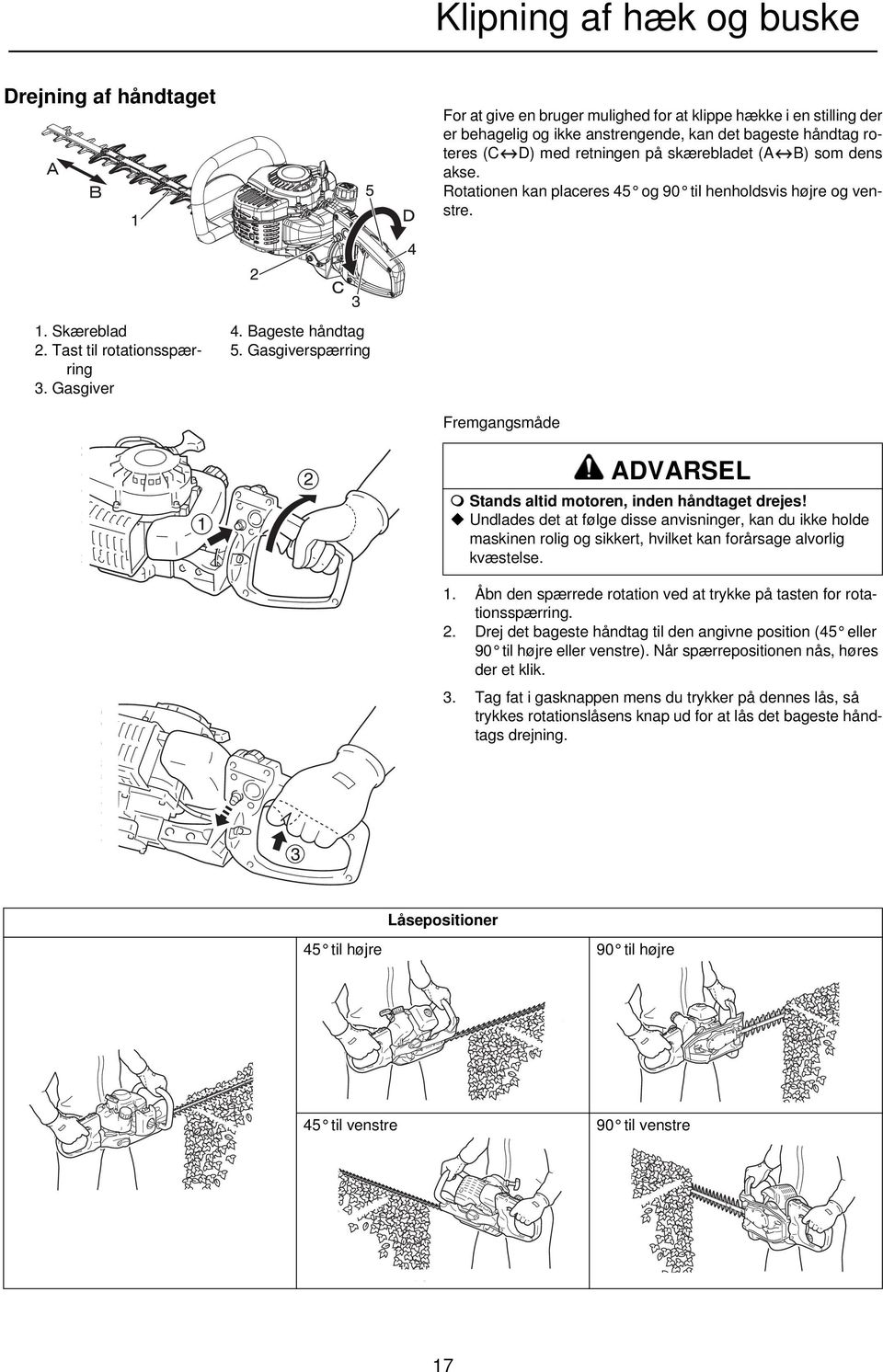 Bageste håndtag 5. Gasgiverspærring Fremgangsmåde ADVARSEL Stands altid motoren, inden håndtaget drejes!