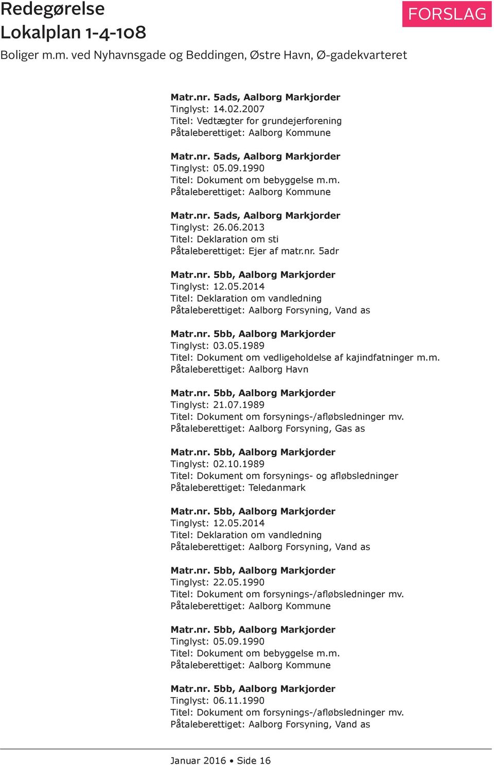 nr. 5bb, Aalborg Markjorder Tinglyst: 12.05.2014 Titel: Deklaration om vandledning Påtaleberettiget: Aalborg Forsyning, Vand as Matr.nr. 5bb, Aalborg Markjorder Tinglyst: 03.05.1989 Titel: Dokument om vedligeholdelse af kajindfatninger m.