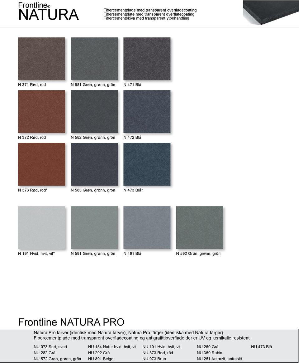 Frontline NATURA PRO Natura Pro farver (identisk med Natura farver), Natura Pro färger (identiska med Natura färger): Fibercementplade med transparent overfladecoating og antigrafittioverflade der er