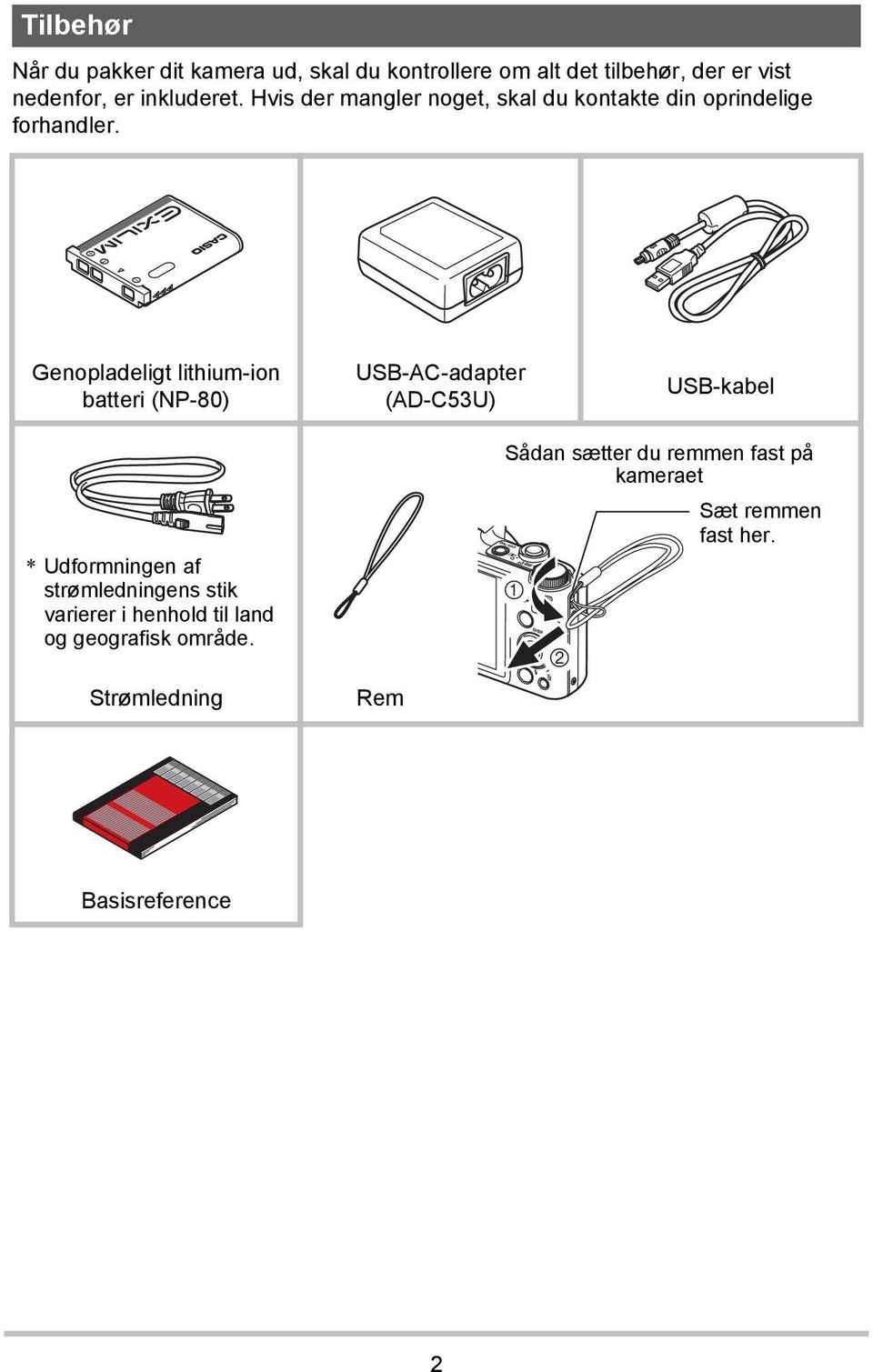 Genopladeligt lithium-ion batteri (NP-80) USB-AC-adapter (AD-C53U) USB-kabel * Udformningen af strømledningens
