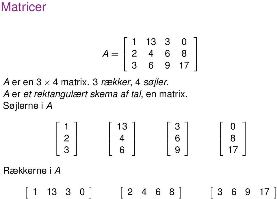 A er et rektangulært skema af tal, en matrix.