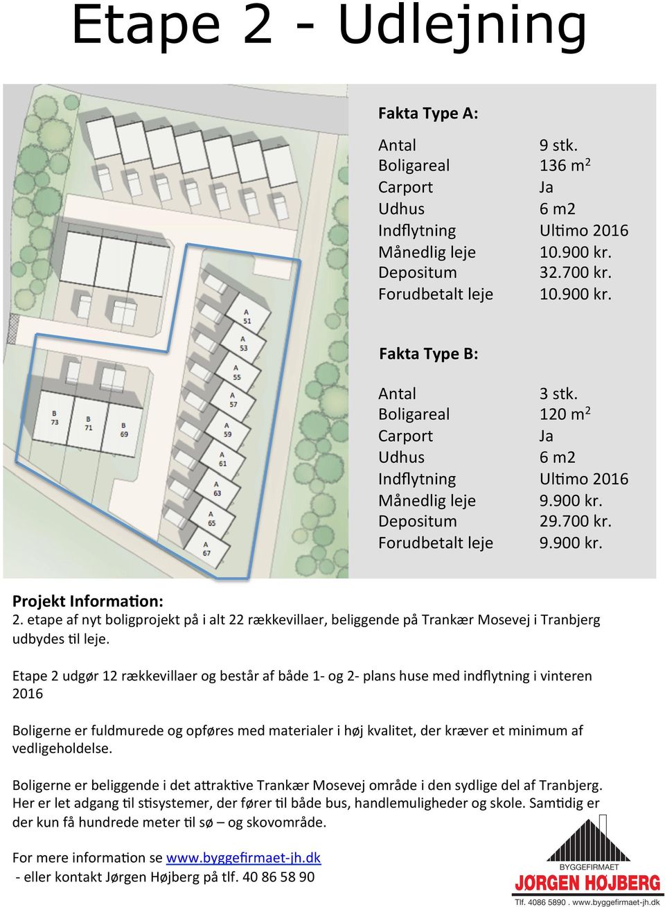 etape af nyt boligprojekt på i alt 22 rækkevillaer, beliggende på Trankær Mosevej i Tranbjerg udbydes Ql leje.