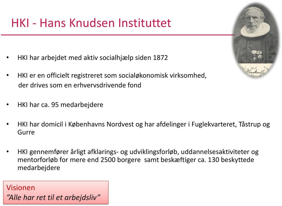 95 medarbejdere HKI har domicil i Københavns Nordvest og har afdelinger i Fuglekvarteret, Tåstrup og Gurre HKI gennemfører