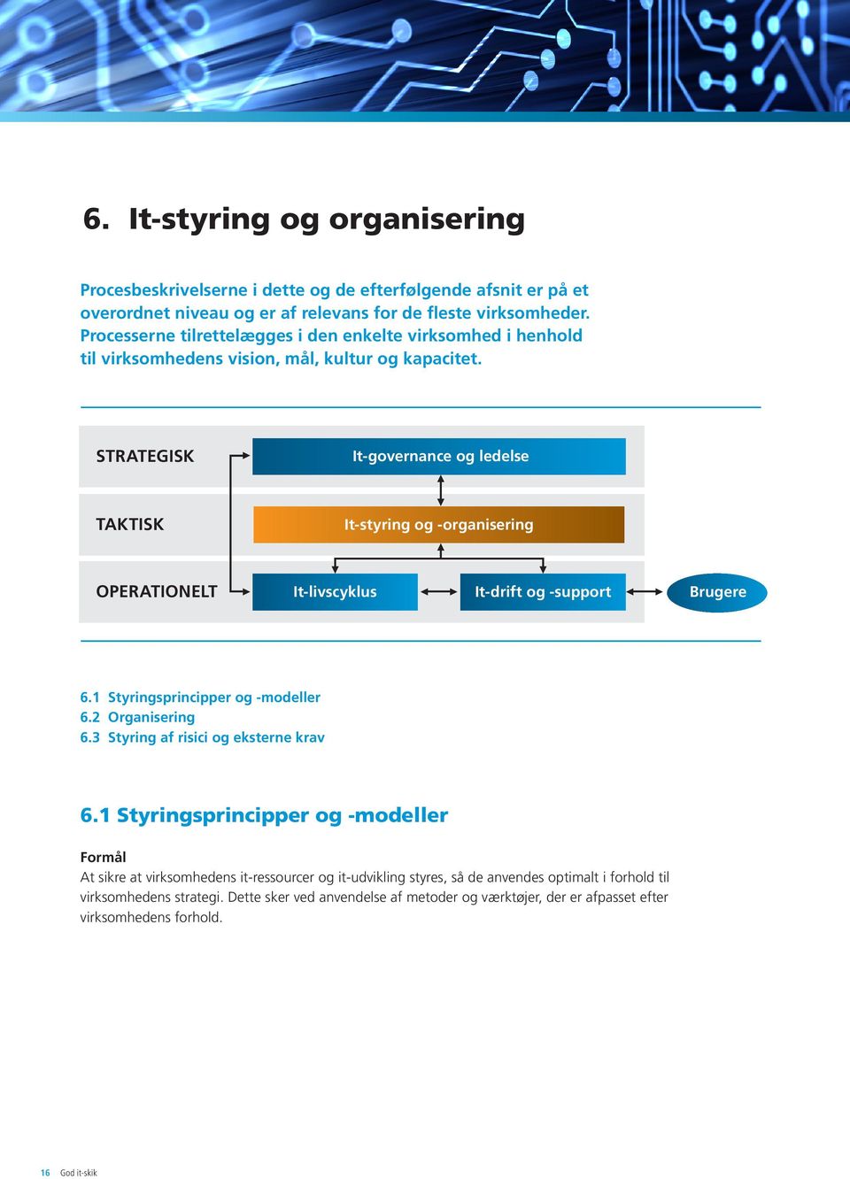 STRATEGISK It-governance og ledelse TAKTISK It-styring og -organisering OPERATIONELT It-livscyklus It-drift og -support Brugere 6.1 Styringsprincipper og -modeller 6.2 Organisering 6.