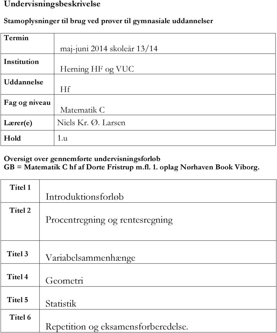 u Oversigt over gennemførte undervisningsforløb GB = Matematik C hf af Dorte Fristrup m.fl. 1. oplag Nørhaven Book Viborg.