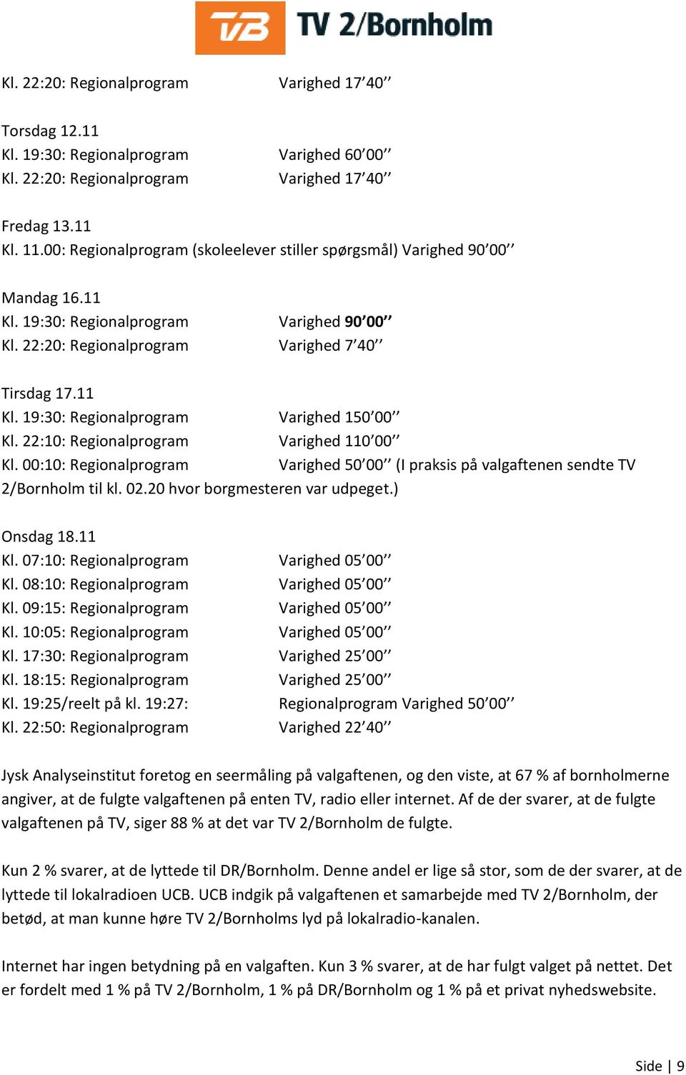 22:10: Regionalprogram Varighed 110 00 Kl. 00:10: Regionalprogram Varighed 50 00 (I praksis på valgaftenen sendte TV 2/Bornholm til kl. 02.20 hvor borgmesteren var udpeget.) Onsdag 18.11 Kl.