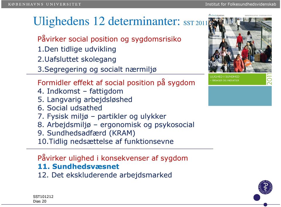 Langvarig arbejdsløshed 6. Social udsathed 7. Fysisk miljø partikler og ulykker 8. Arbejdsmiljø ergonomisk og psykosocial 9.