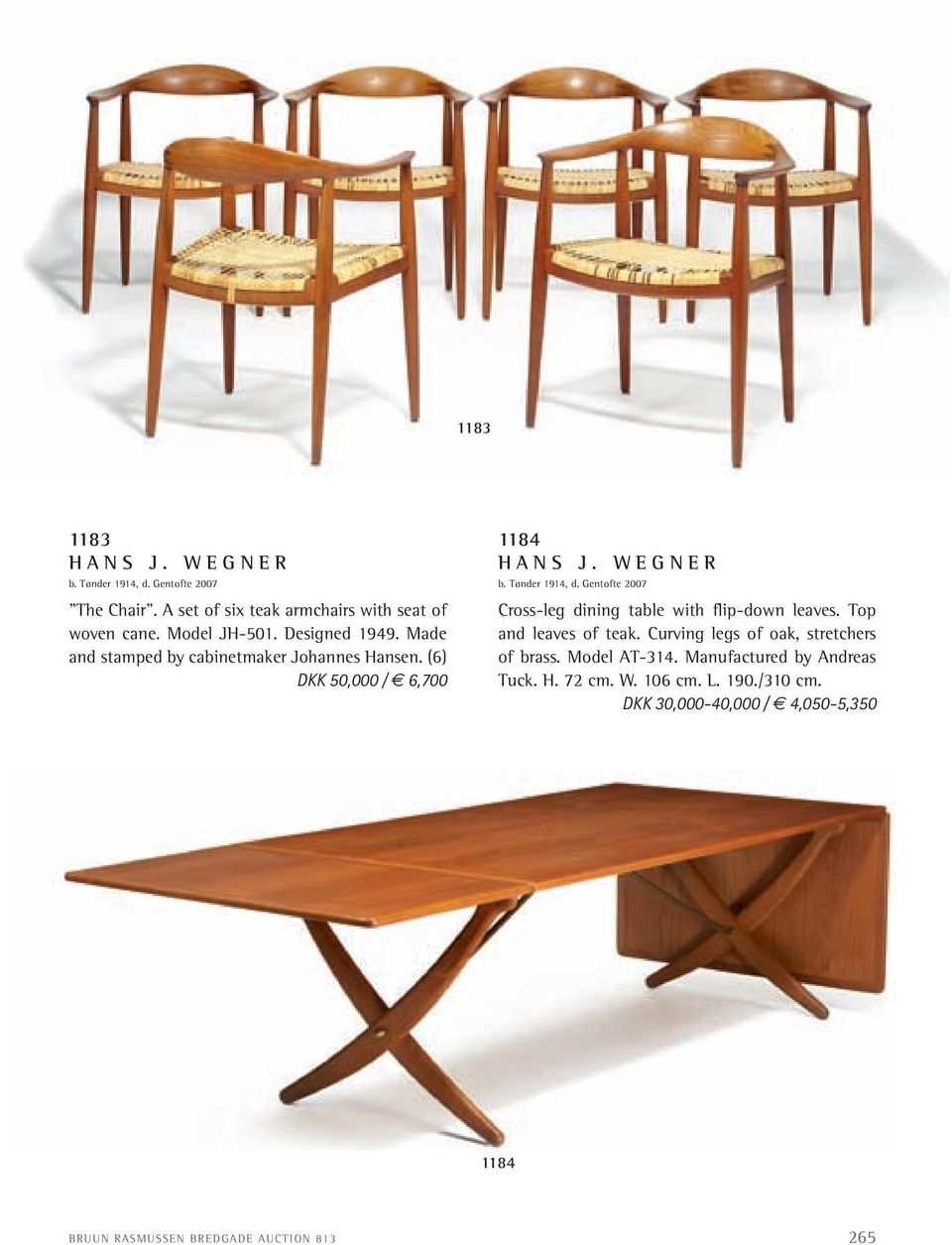 gentofte 2007 cross-leg dining table with flip-down leaves. Top and leaves of teak. curving legs of oak, stretchers of brass.