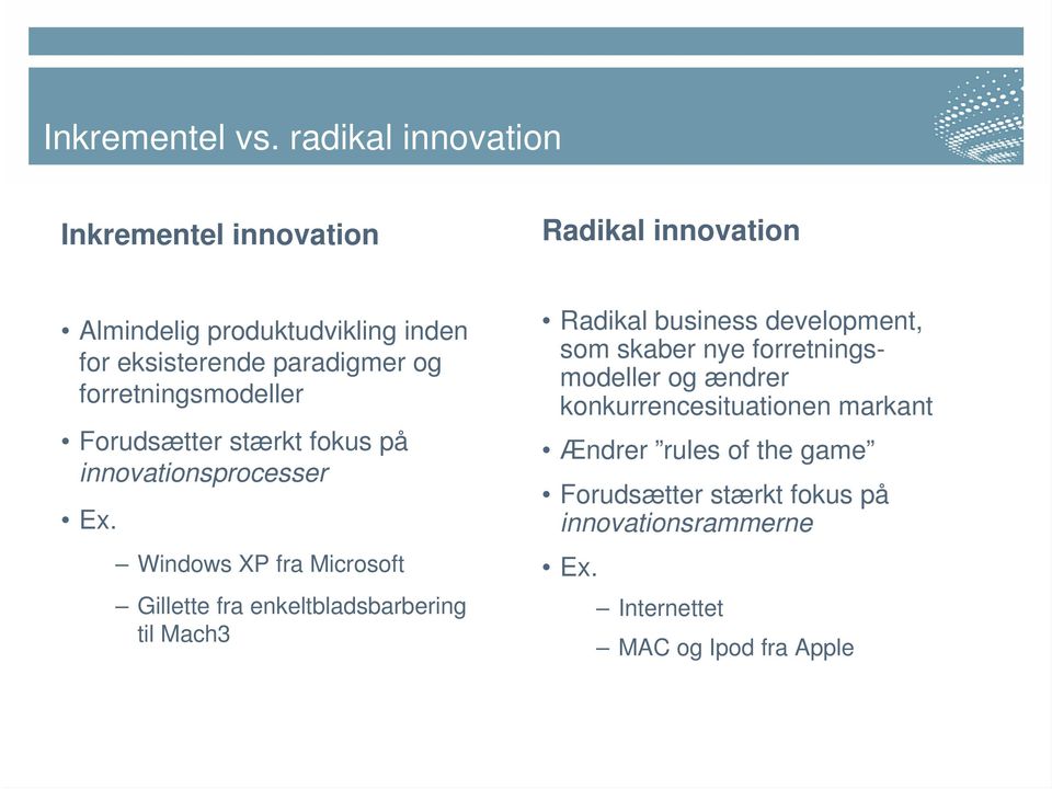 og forretningsmodeller Forudsætter stærkt fokus på innovationsprocesser Ex.