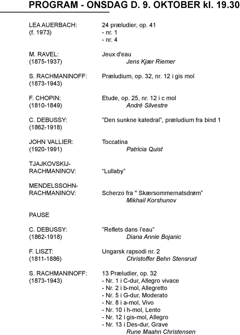 Debussy: Den sunkne katedral, præludium fra bind 1 (1862-1918) John Vallier: toccatina (1920-1991) Patricia Quist Tjajkovskij- Rachmaninov: Mendelssohn- Rachmaninov: Lullaby Scherzo fra "