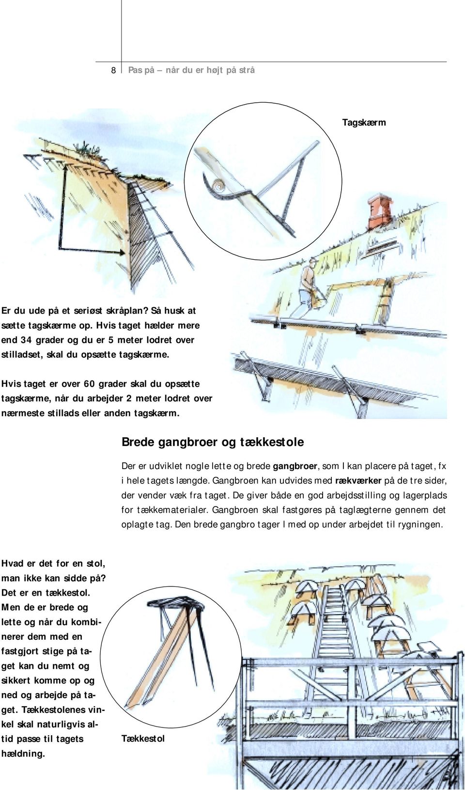 Hvis taget er over 60 grader skal du opsætte tagskærme, når du arbejder 2 meter lodret over nærmeste stillads eller anden tagskærm.
