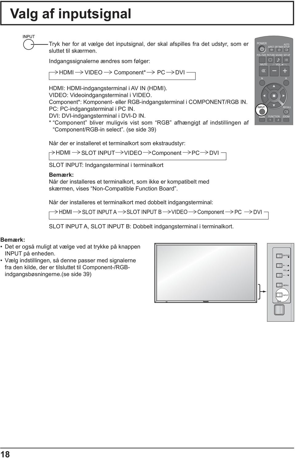 Component*: Komponent- eller RGB-indgangsterminal i COMPONENT/RGB IN. PC: PC-indgangsterminal i PC IN. DVI: DVI-indgangsterminal i DVI-D IN.