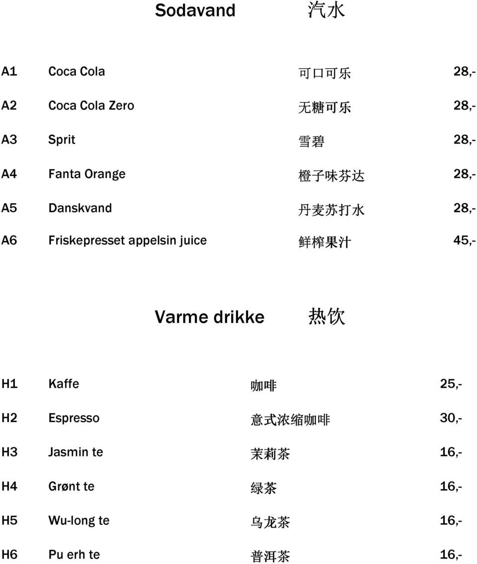 juice 鲜 榨 果 汁 45,- Varme drikke 热 饮 H1 Kaffe 咖 啡 25,- H2 Espresso 意 式 浓 缩 咖 啡 30,- H3