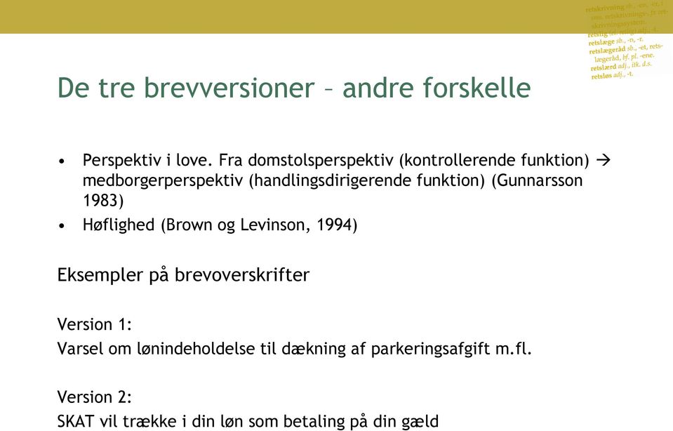 funktion) (Gunnarsson 1983) Høflighed (Brown og Levinson, 1994) Eksempler på brevoverskrifter