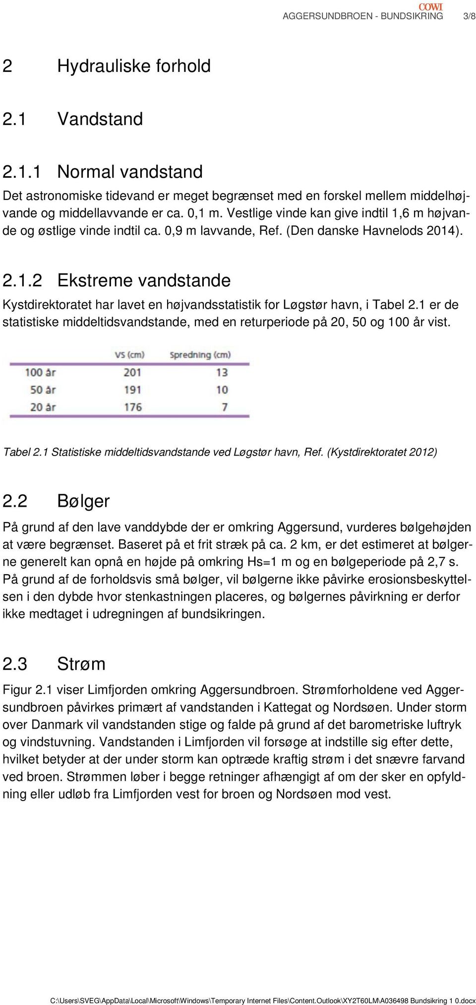 1 er de statistiske middeltidsvandstande, med en returperiode på 20, 50 og 100 år vist. Tabel 2.1 Statistiske middeltidsvandstande ved Løgstør havn, Ref. (Kystdirektoratet 2012) 2.