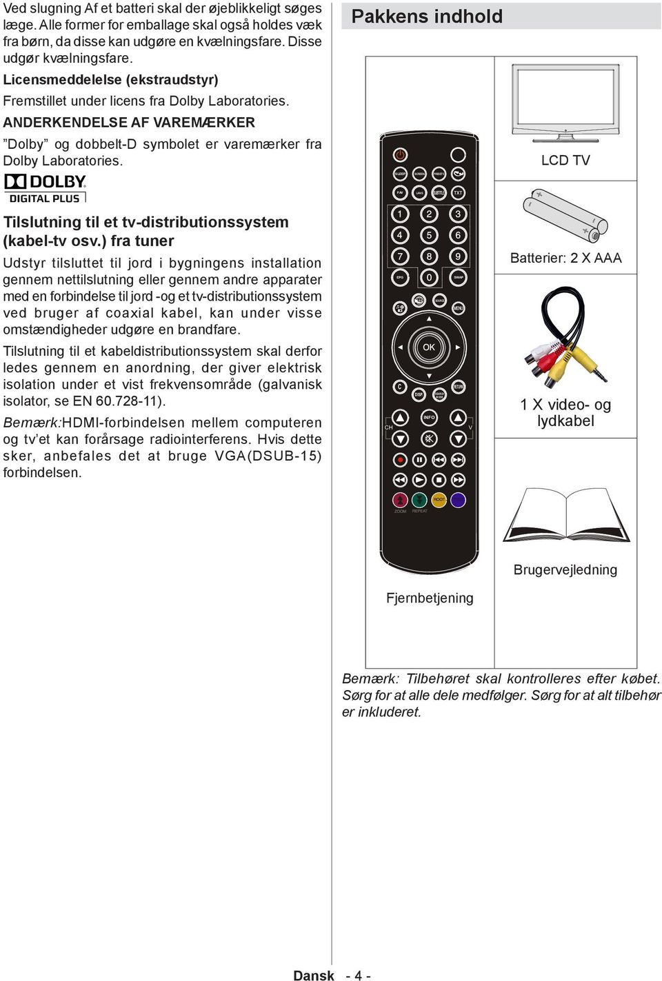 Pakkens indhold LCD TV Tilslutning til et tv-distributionssystem (kabel-tv osv.