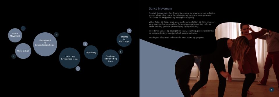 Dance Movement 1 Danseterapi og bevægelsespsykologi 3 5 7 Foredrag & Workshops Vi har fokus på Krop, bevægelse og kommunikation på flere niveauer samt sammenhængen mellem