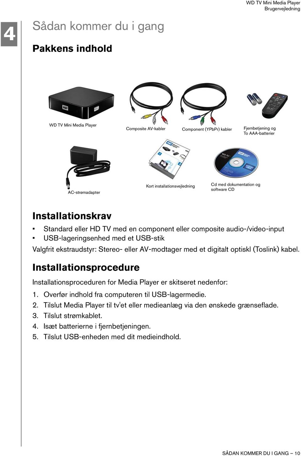 AV-modtager med et digitalt optiskl (Toslink) kabel. Installationsprocedure Installationsproceduren for Media Player er skitseret nedenfor: 1. Overfør indhold fra computeren til USB-lagermedie. 2.