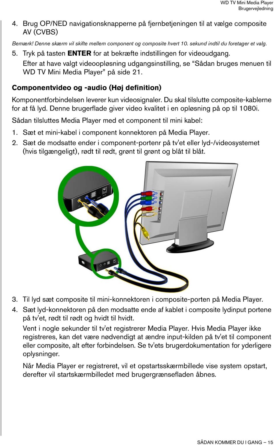 Componentvideo og -audio (Høj definition) Komponentforbindelsen leverer kun videosignaler. Du skal tilslutte composite-kablerne for at få lyd.