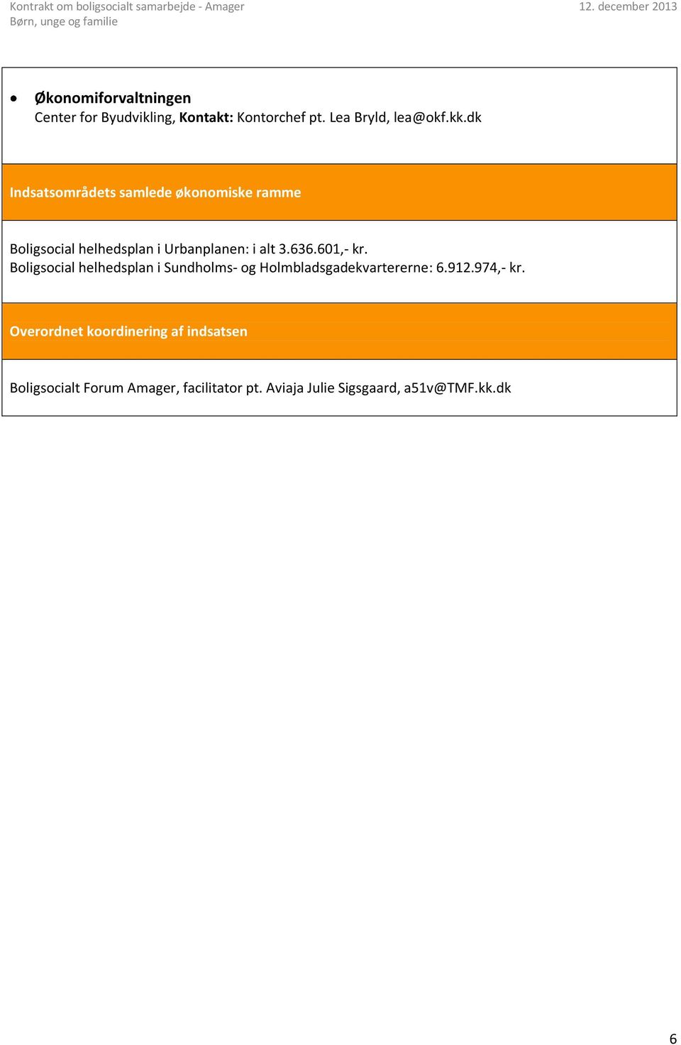 601,- kr. Boligsocial helhedsplan i Sundholms- og Holmbladsgadekvartererne: 6.912.974,- kr.