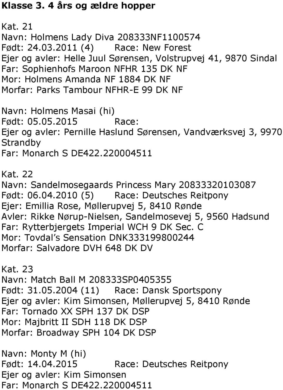 NF Navn: Holmens Masai (hi) Født: 05.05.2015 Race: Ejer og avler: Pernille Haslund Sørensen, Vandværksvej 3, 9970 Strandby Far: Monarch S DE422.220004511 Kat.